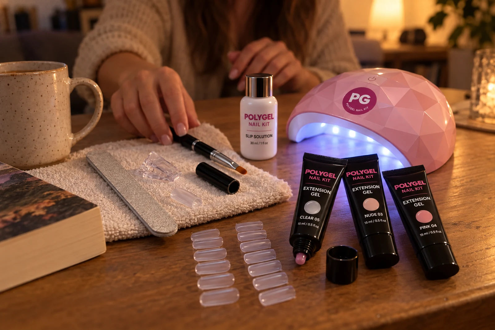 The PolyGel kit laid out on a table at home