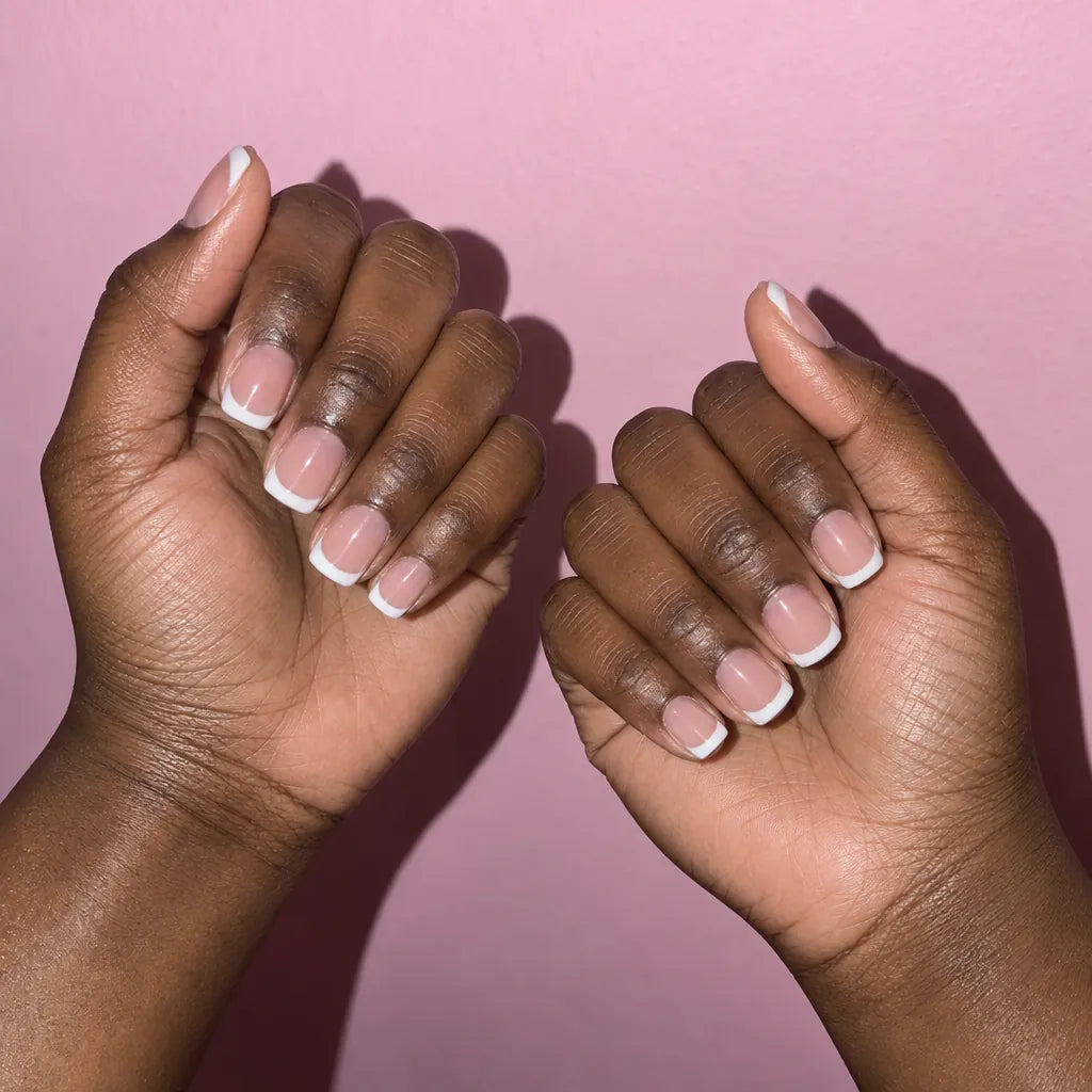 Short square nails with a white French tip